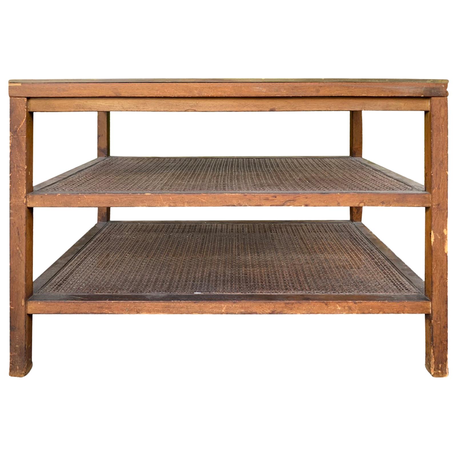 Mid-20th Century Paul McCobb Three-Tier Table, Leather Top, Cane Shelves, Marked For Sale