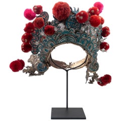 Antique Chinese Theatre Opera Headdress, Turquoise/Silver, Red/Fuchsia Pom-Poms