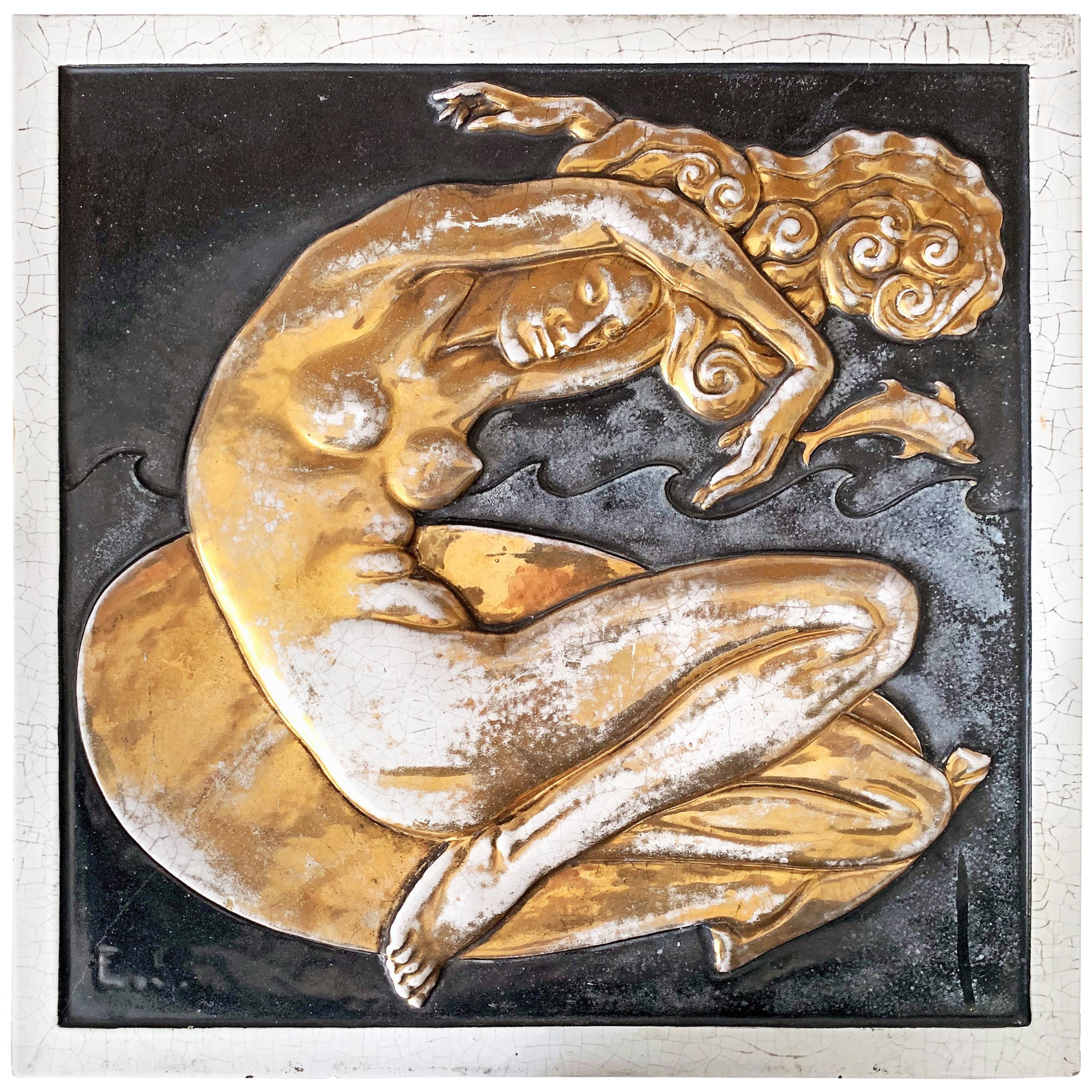 "Mermaid and Dolphin, " Large, Gold-Glazed Art Deco Sculptural Panel