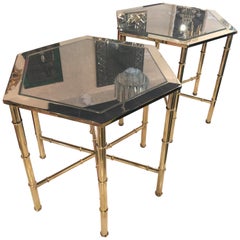 Vintage Pair Polished Brass Mastercraft End Side Beverage Tables Antique Mirror