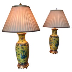 Antique Pair of 19th Century Yellow Chinese Vases Made into Lamps