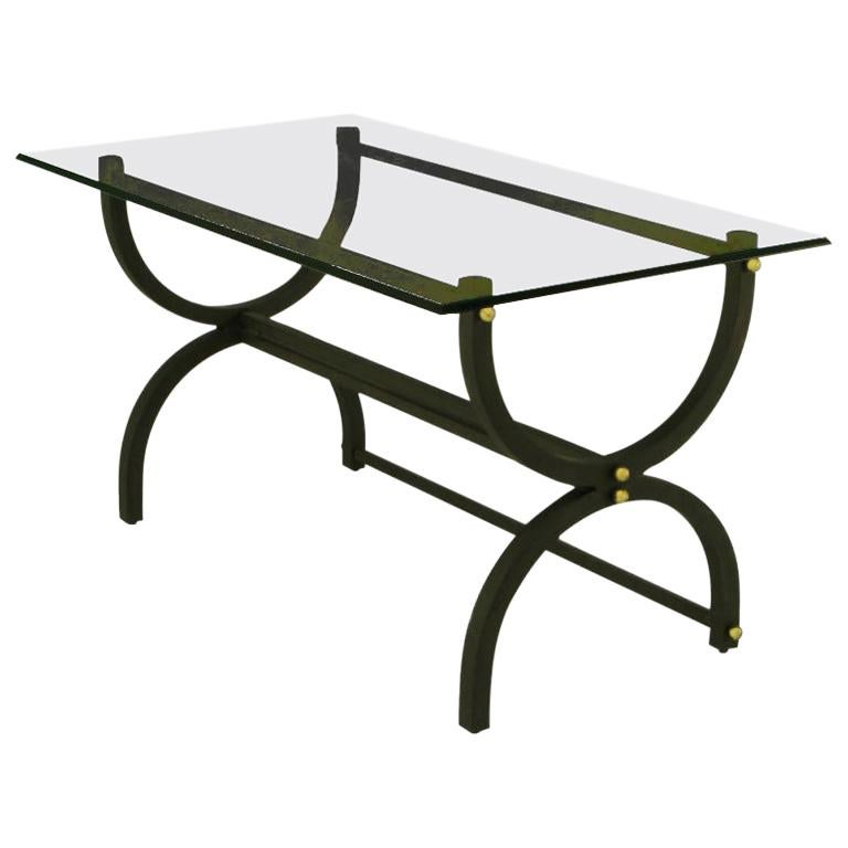 Black Lacquered Steel Curule Base Writing Table with Brass Appointments For Sale