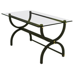 Vintage Black Lacquered Steel Curule Base Writing Table with Brass Appointments