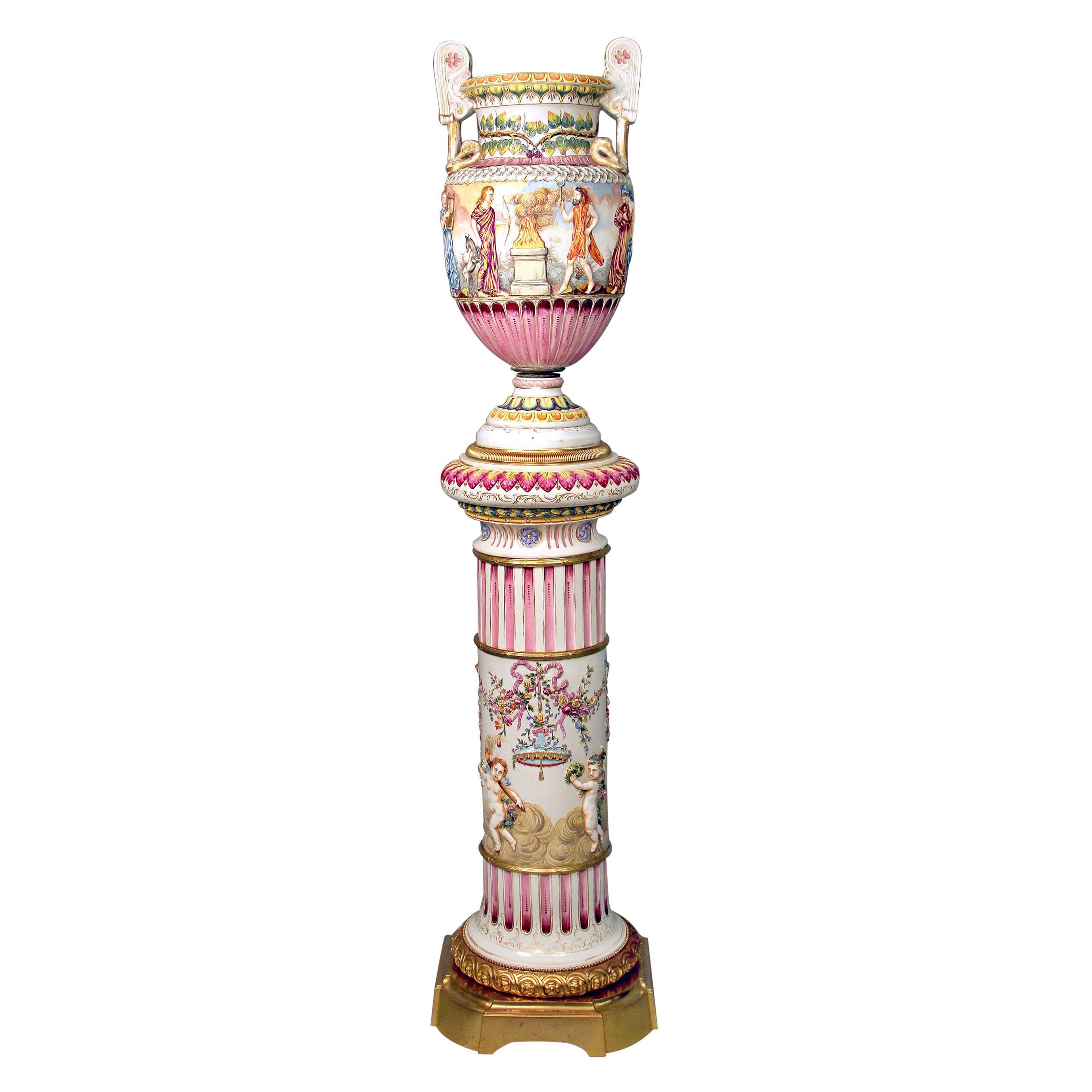 Interesting Late 19th Century Italian Capodimonte Porcelain Vase and Pedestal