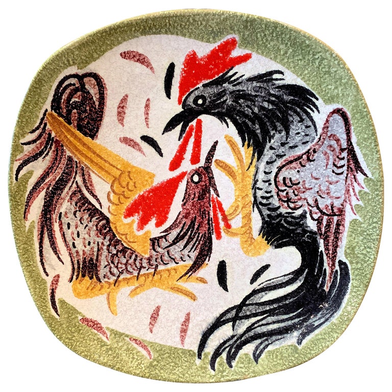 "Cock Fight," Brilliant Midcentury Ceramic Bowl in Red, Yellow, White and Green 1