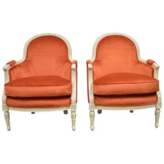 Pair of Louis XVI Style Painted Bergère Chairs, Upholstered in an Orange Velvet