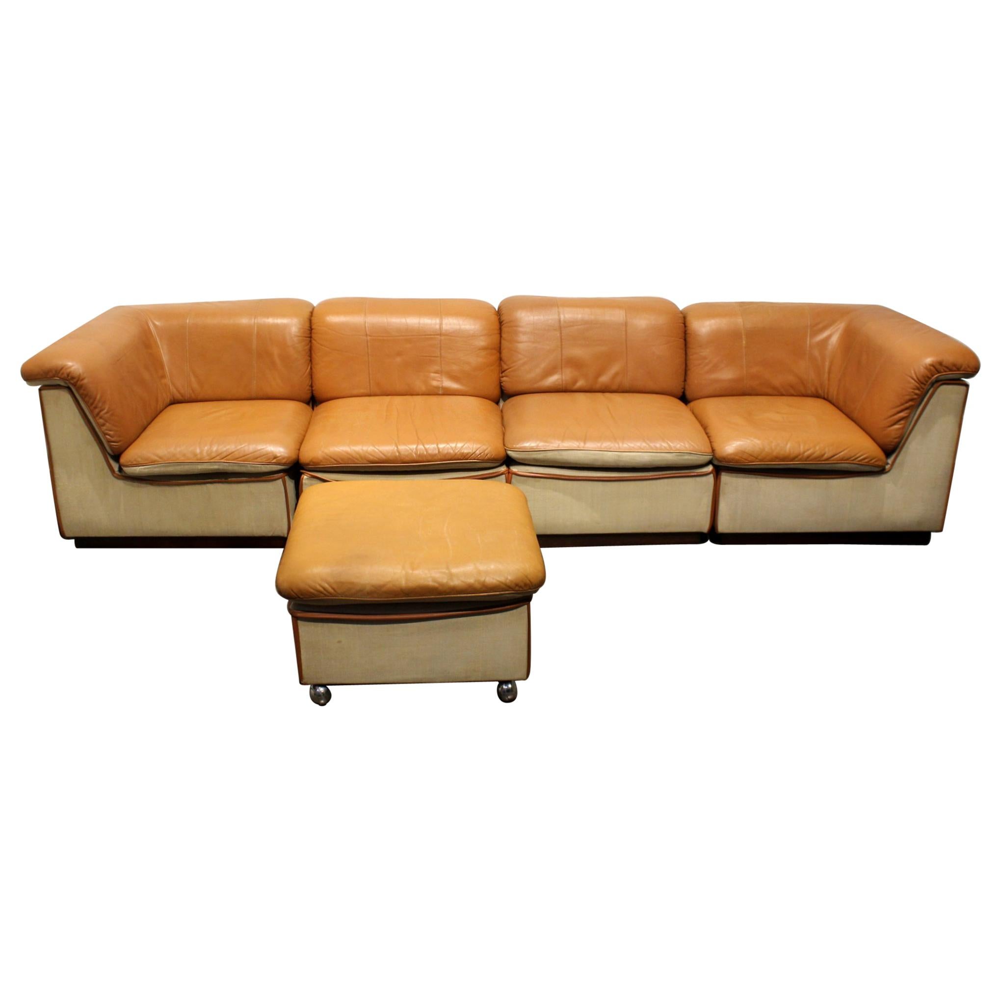 1960s Scandinavian Leather and Linen Modular Sectional Sofa For Sale