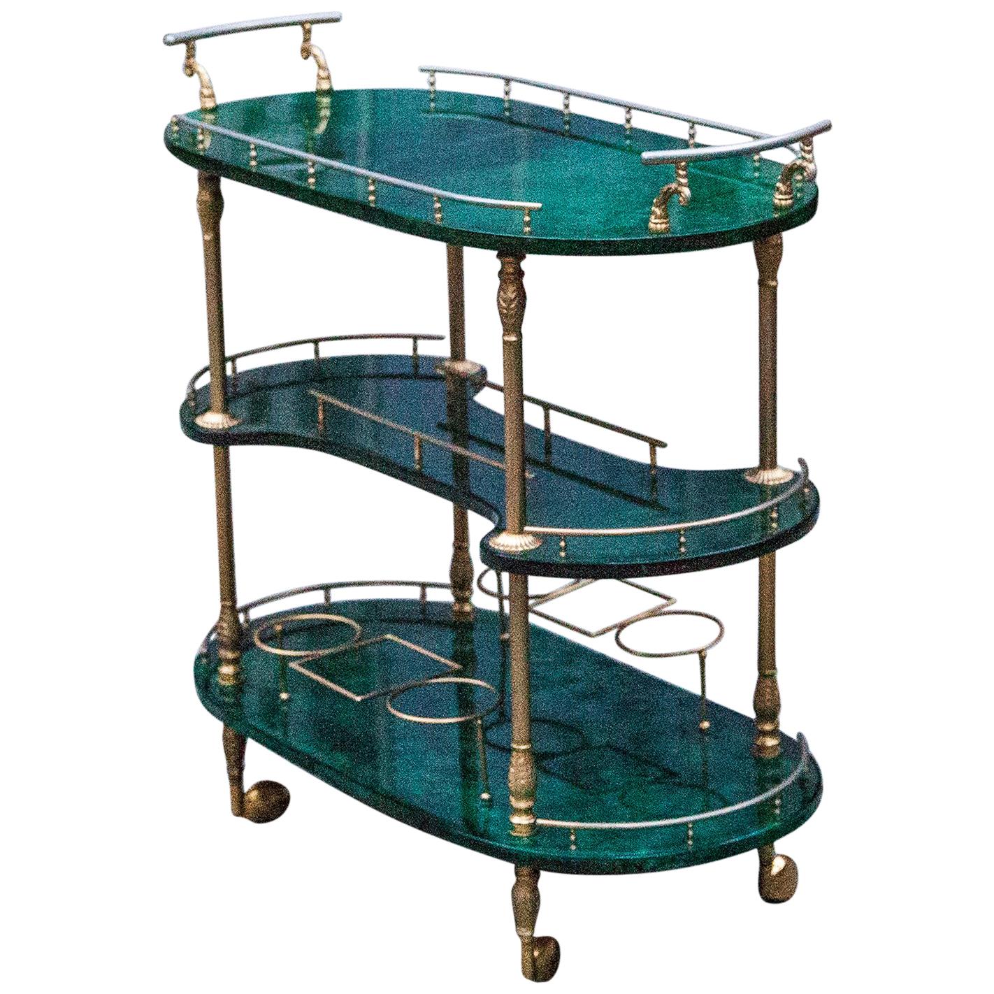 Aldo Tura Oval Green Three-Story Bar Cart