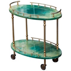 Aldo Tura Oval Green Goatskin Bar Cart