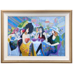 Immense peinture à l'huile originale d'Isaac Maimon représentant une scène de café parisien jazzy en plein air