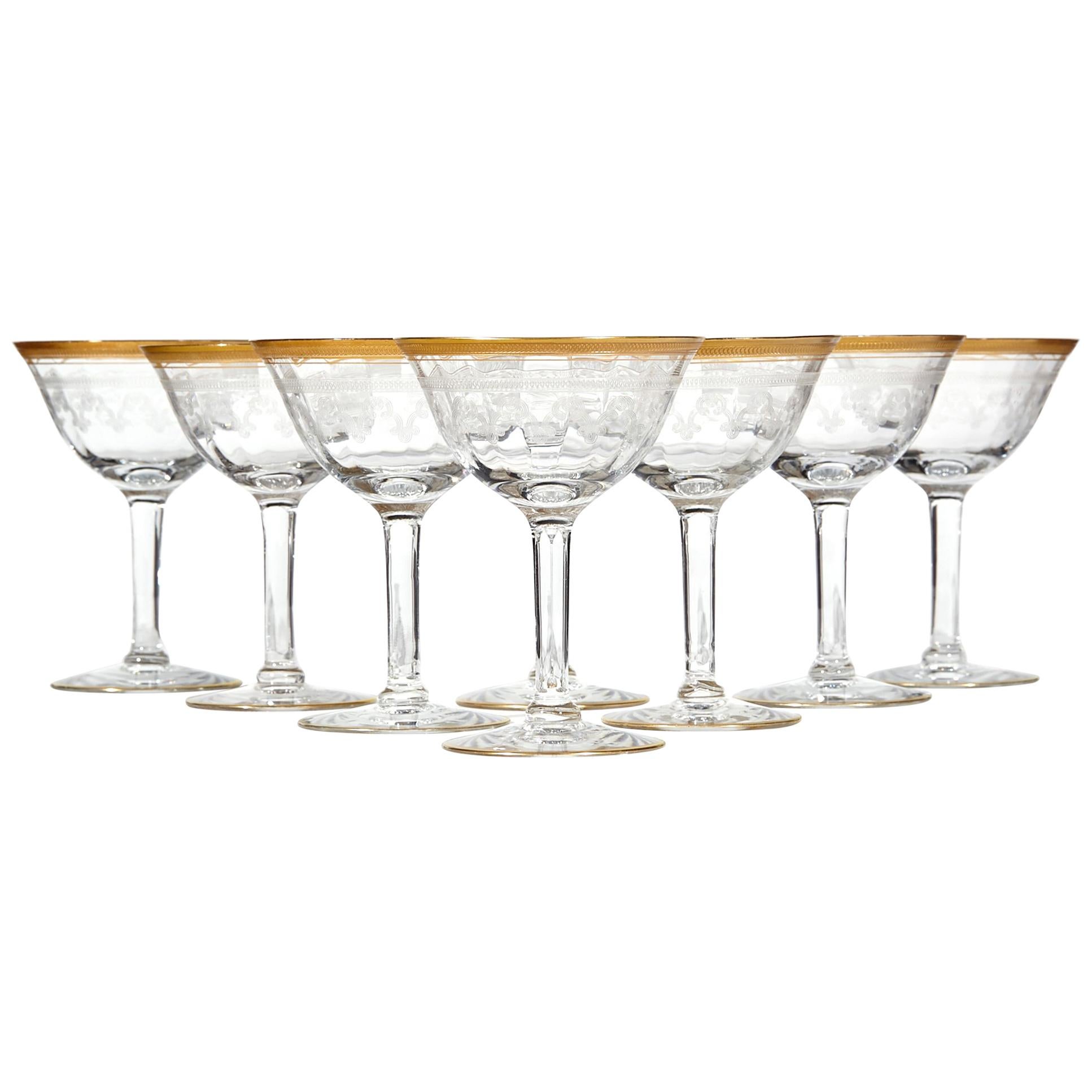 1950s Gilt Rim and Etched Glass Coupes, Set of 8 For Sale