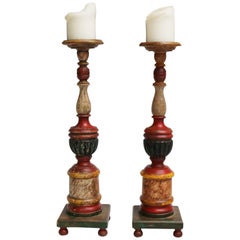 1950s Spanish Pair of Wooden Painted Candle Pricket Sticks