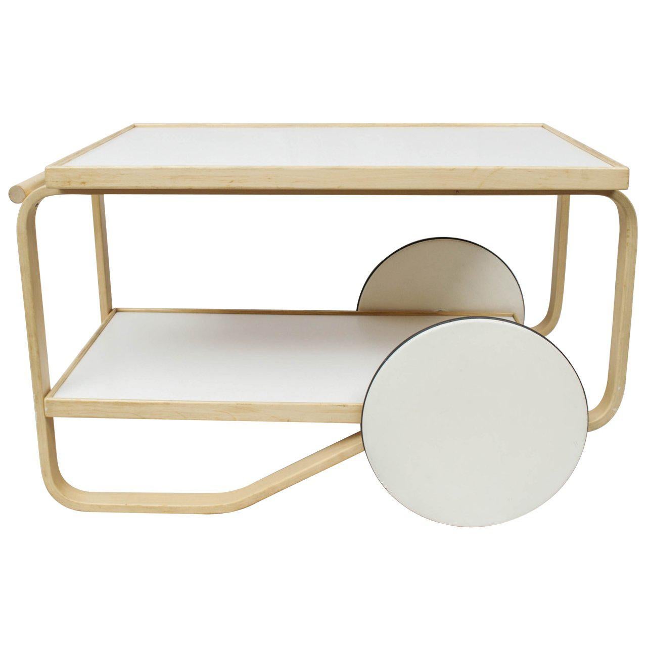 Artek Tea Trolley 901 Bar Cart in Birchwood with White Top and Wheels For Sale