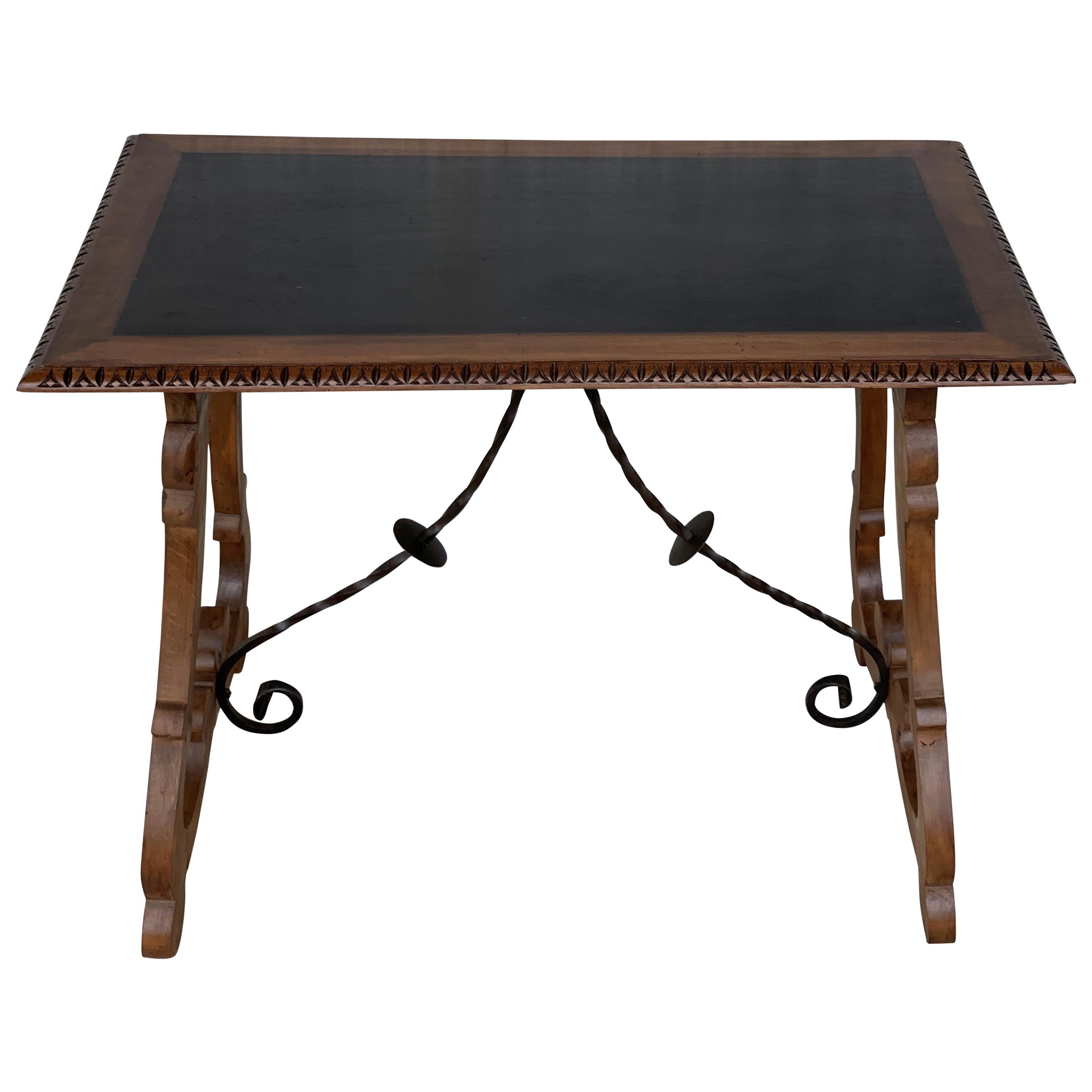 19th Spanish Farm Table with Iron Stretchers and Hand Carved Top and Ebonized