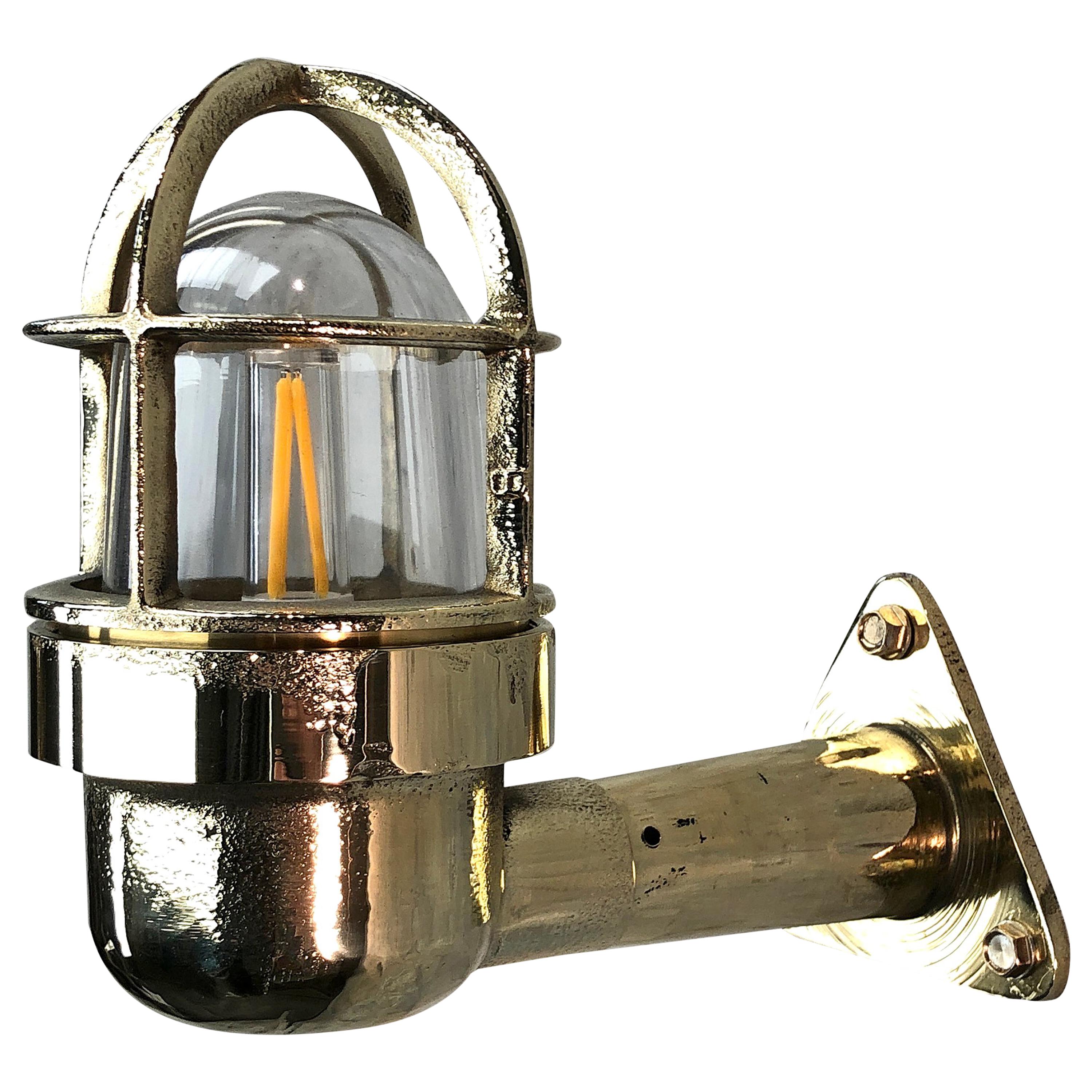 Late Century Small Industrial Brass Wall Light, Glass Dome, Cage, Edison Bulb