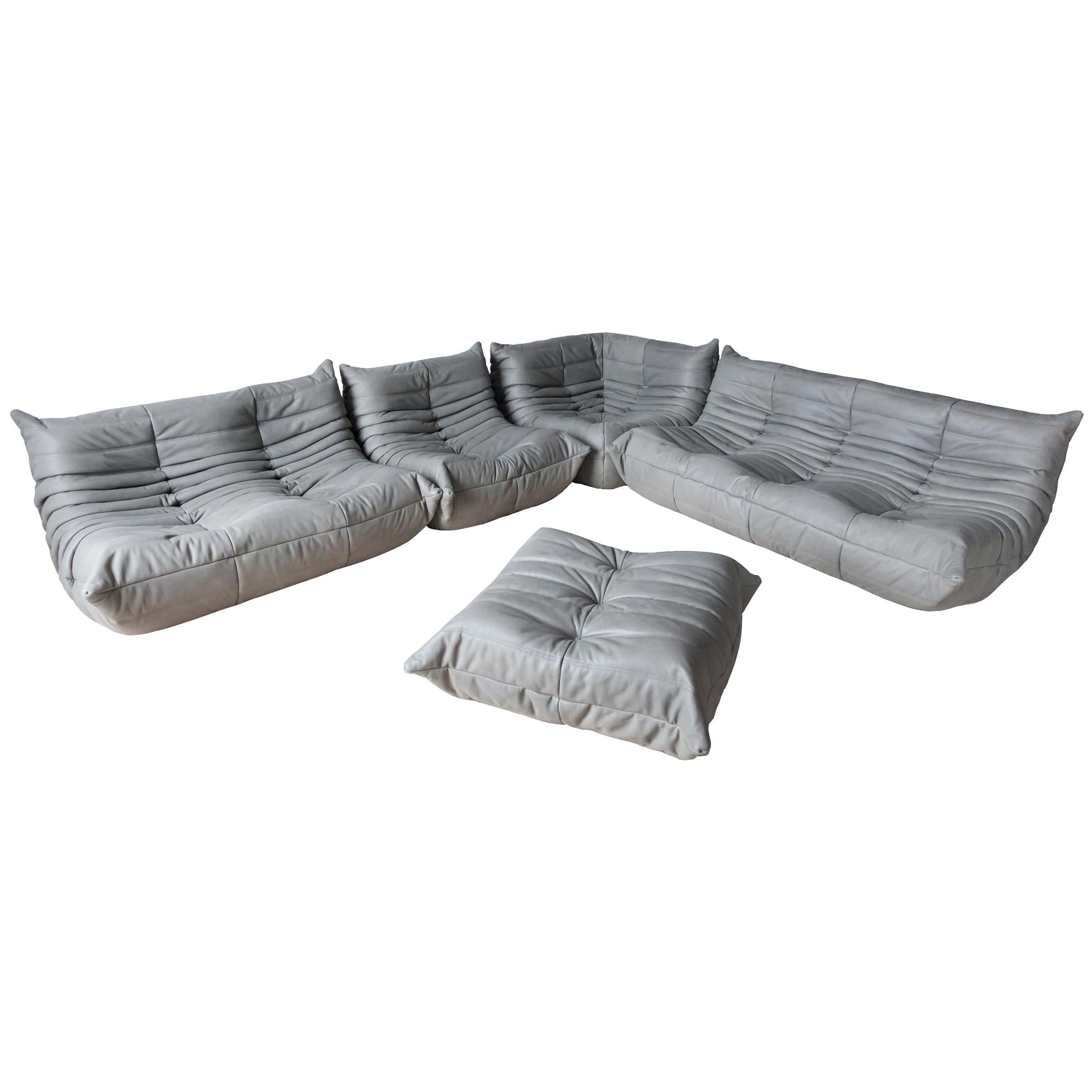 Grey Leather Togo Sofa Set by Michel Ducaroy for Ligne Roset, Set of Five im Angebot