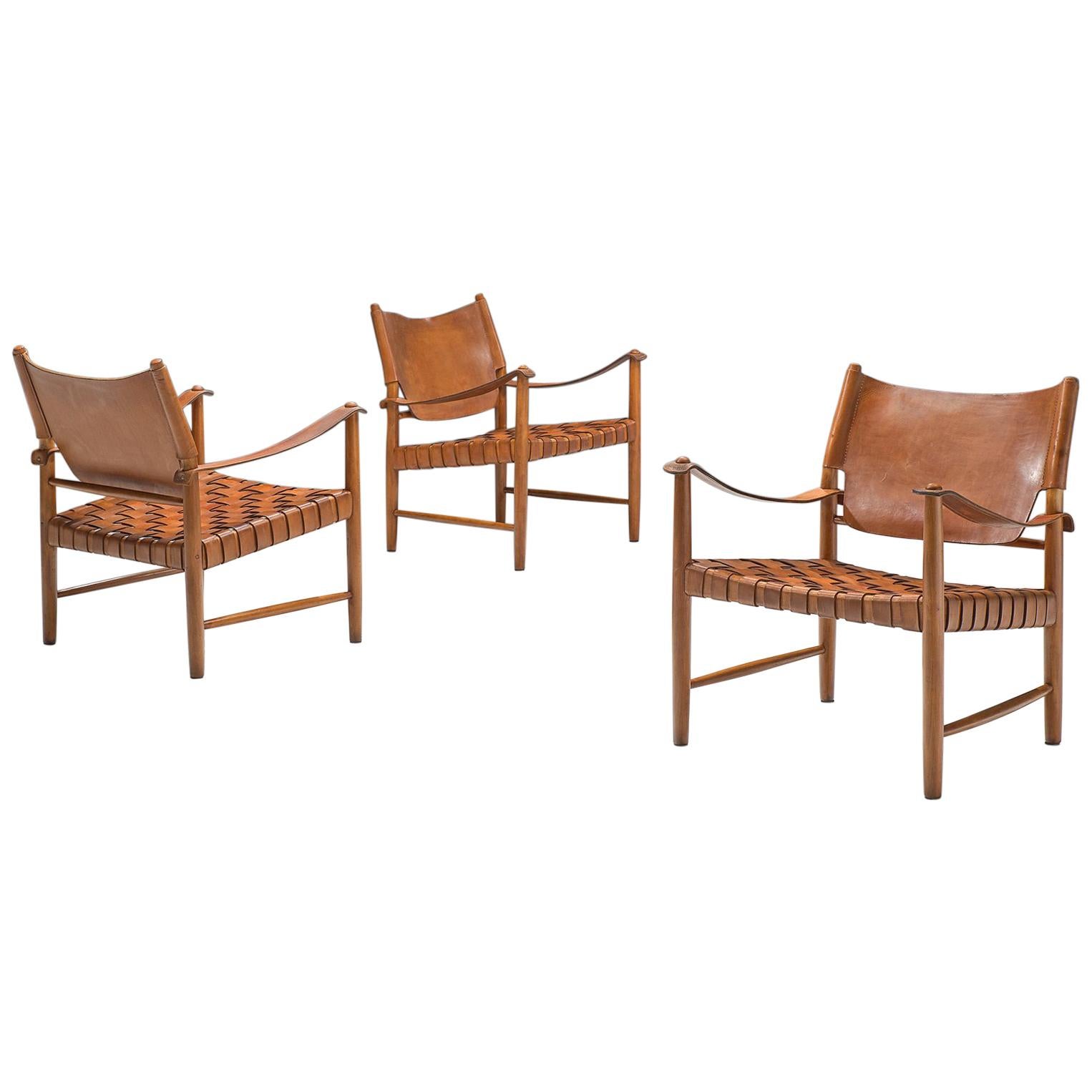 Patinated Cognac Leather Safari Chairs, Denmark, 1950s
