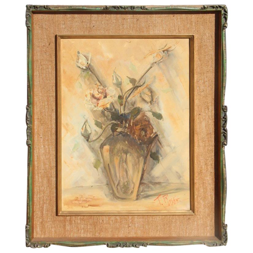Vaso a olio in stile Depisis del Medioevo con fiori di rosa del 1940 con cornice classica