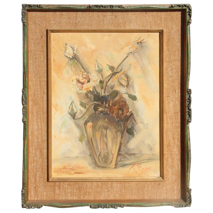 Depisis Style Midcentury Oil Panting Vase Rose Flowers 1940s Classic Frame For Sale