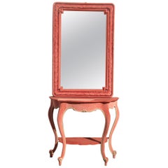 Console du milieu du siècle avec miroir en velours rose De Vivo Production Regency:: 1950s