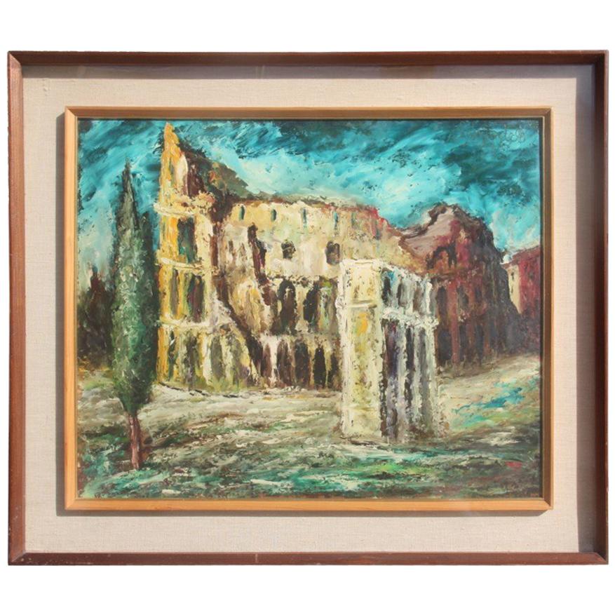 Rectangular Oil Painting Canvas Colosseum in Rome 1957 Italian Design Stradone For Sale