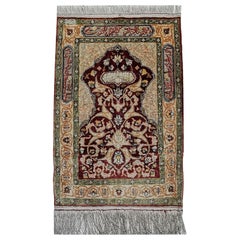 Vintage Hereke Pure Silk Turkish Prayer Rug with Golden Metal Threats Souf