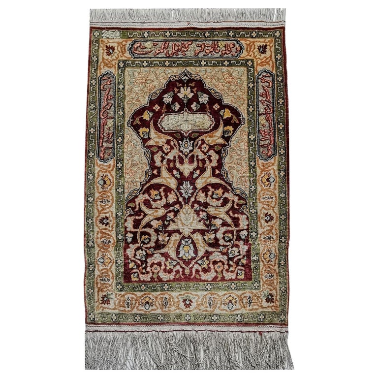 Hereke Pure Silk Turkish Prayer Rug with Golden Metal Threats Souf For