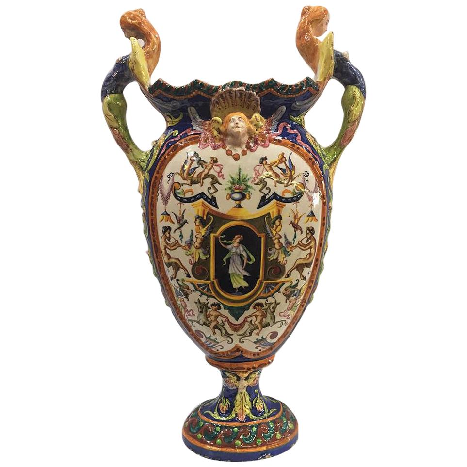 Vase in Polychrome Ceramic with Grotesque Decoration, Italy, circa 1913 For Sale