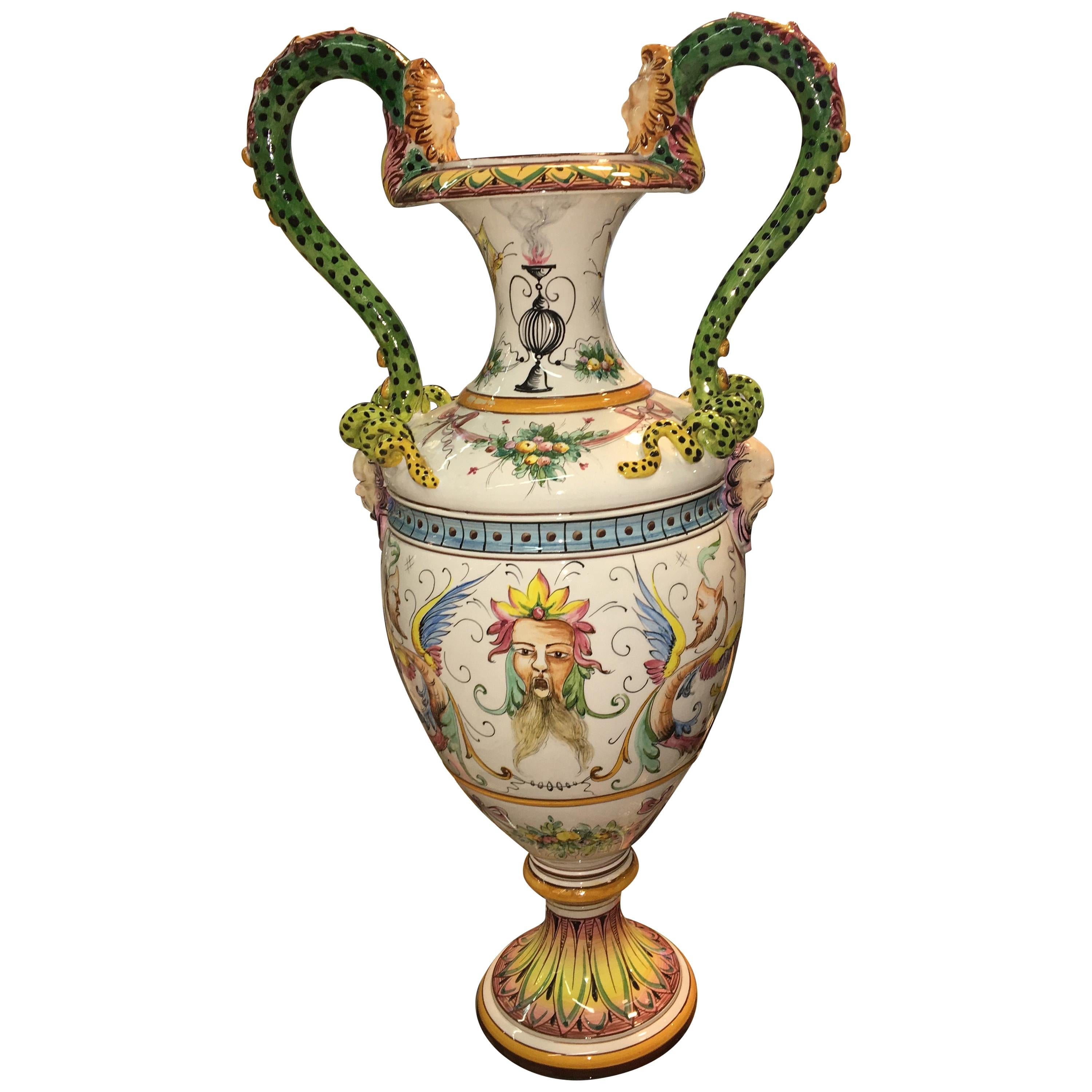 Majolica Vase with 2 Handles, Hand Painted For Sale
