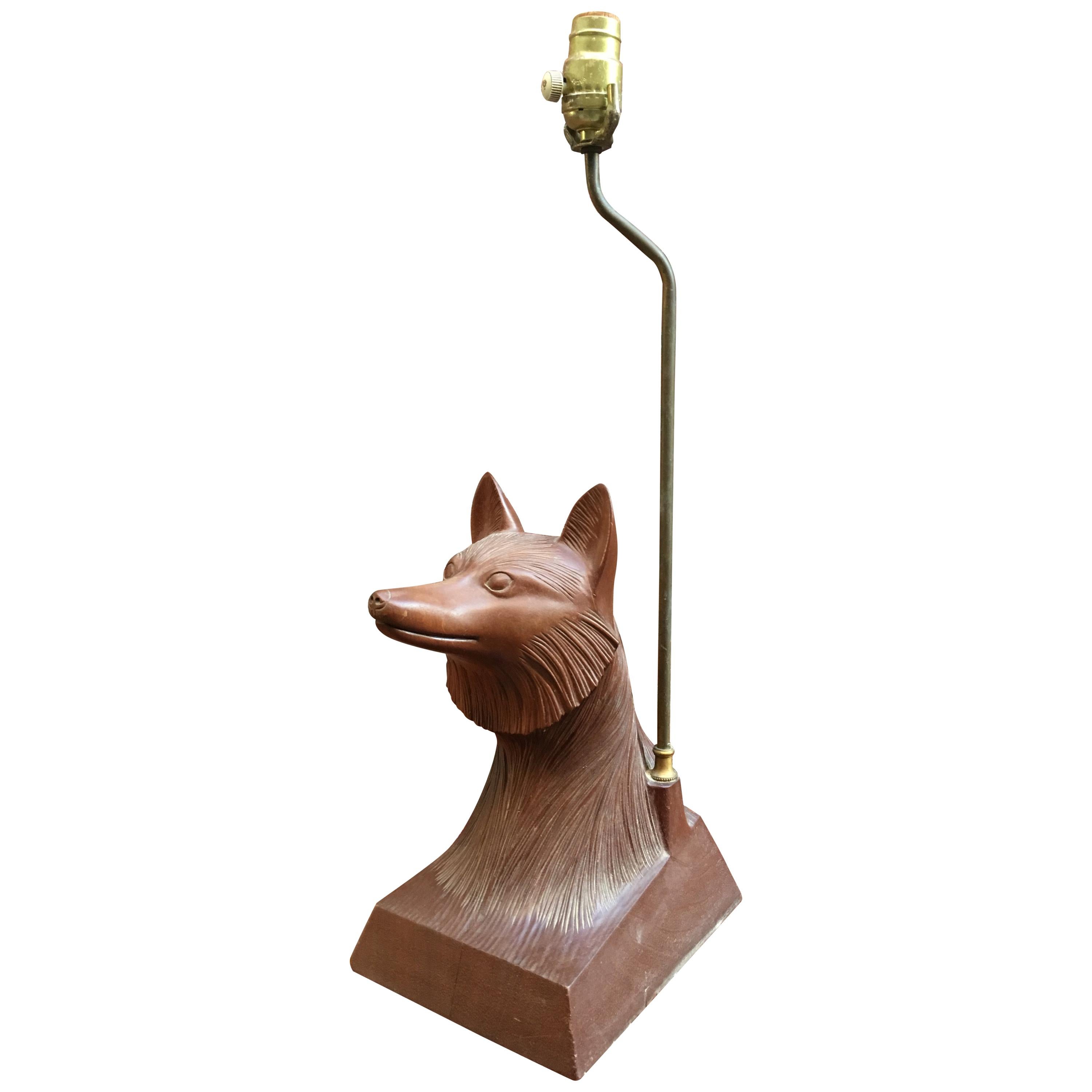 1950s Carved Wood Fox Head Table Lamp