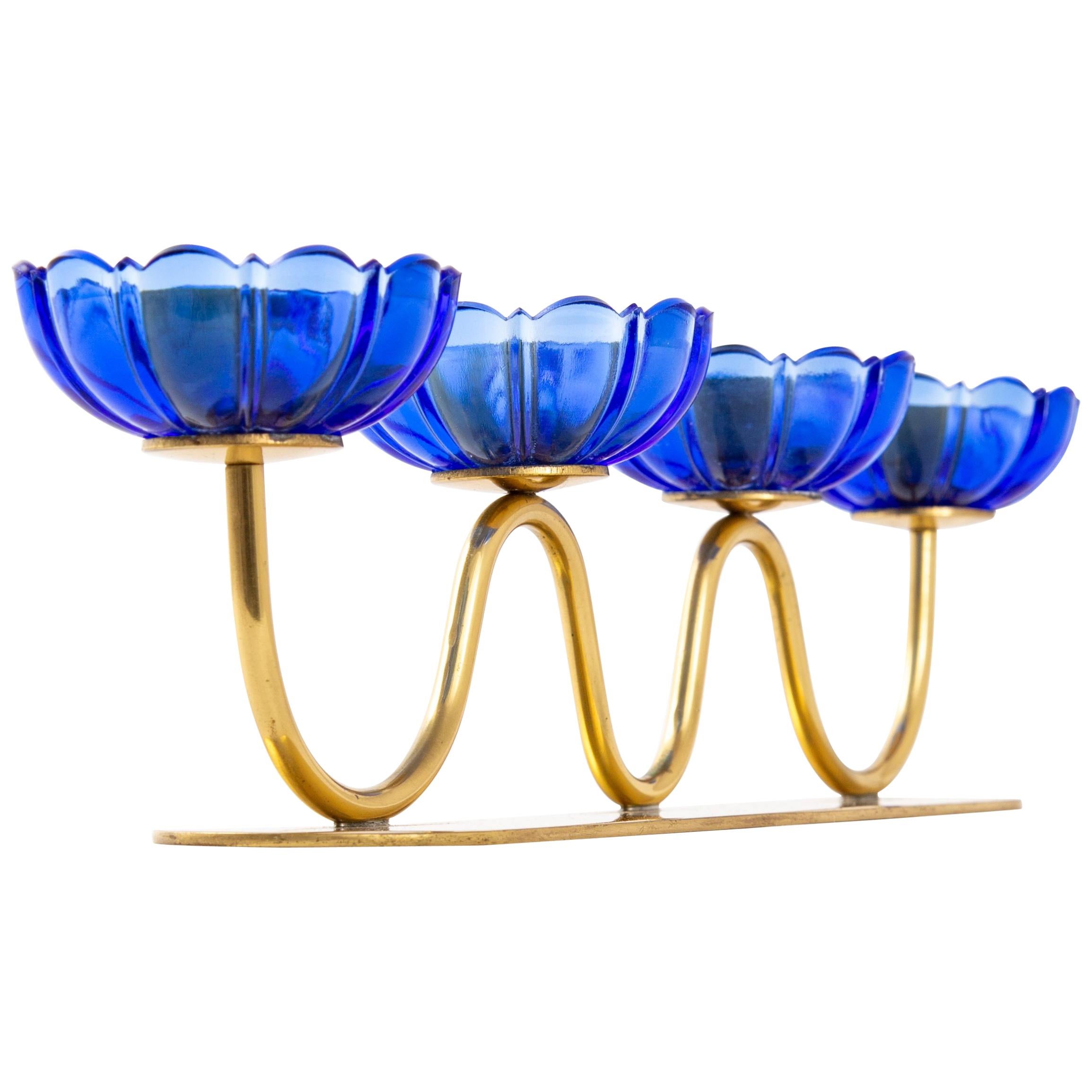 Gunnar Ander Candleholders Sweden for Ystad Metall, Blue Flower with Brass For Sale