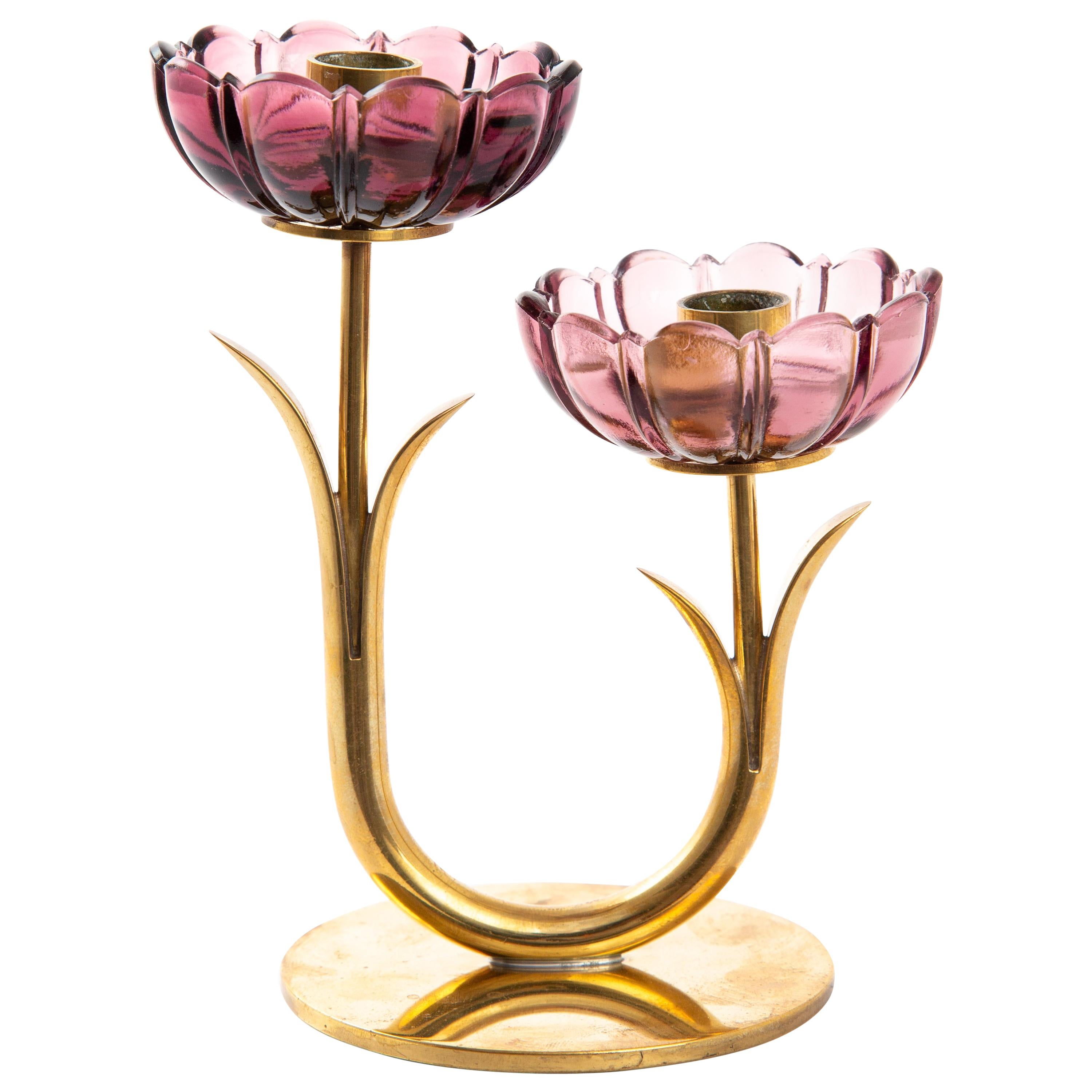 Gunnar Ander Candleholder for Ystad Metal with Flowers in Brass
