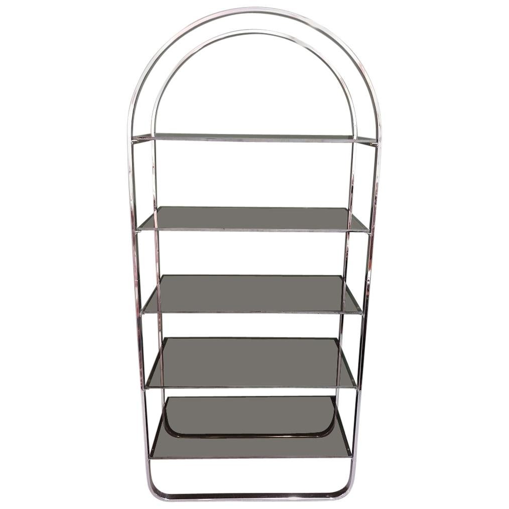 Mid-Century Modern Milo Baughman Style Chrome Etagere with Smoked Glass Shelves For Sale