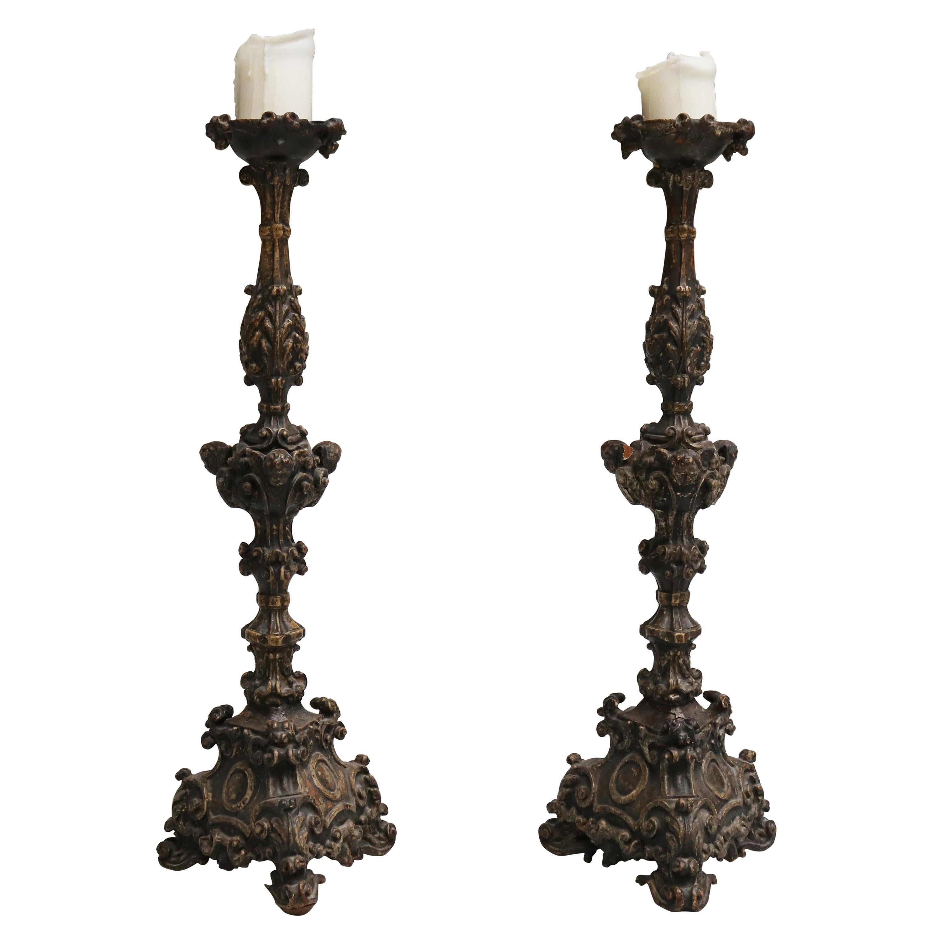 17th Century Pair of Italian Wooden Pricket Sticks For Sale