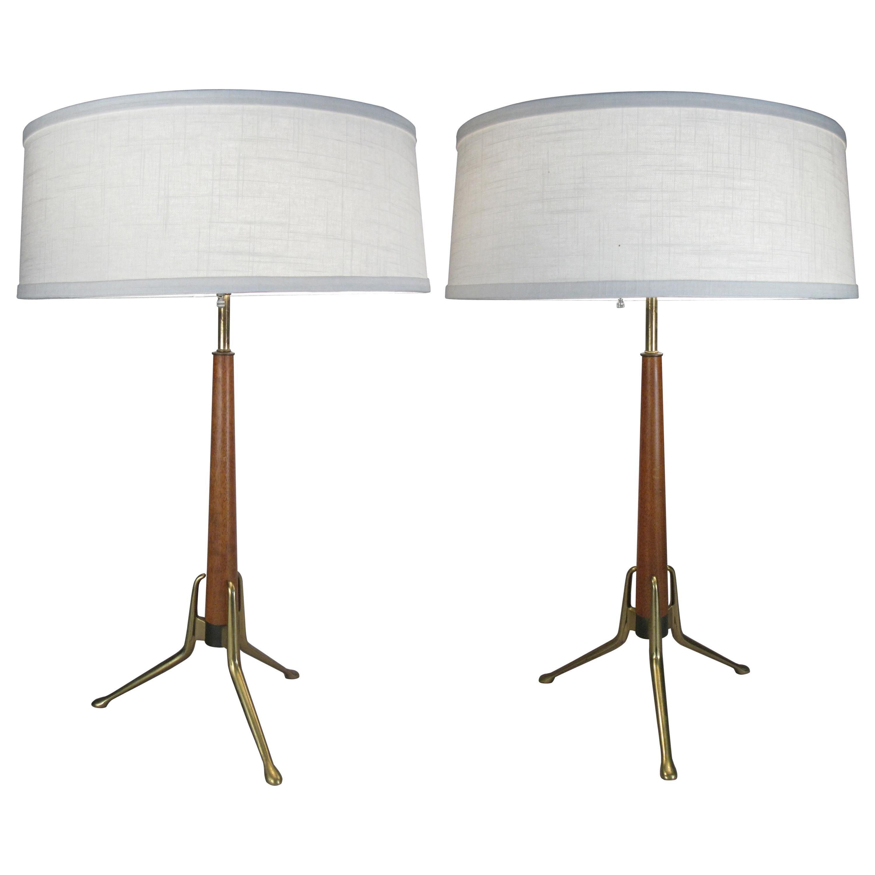 Pair of Brass and Walnut Lamps by Gerald Thurston for Lightolier