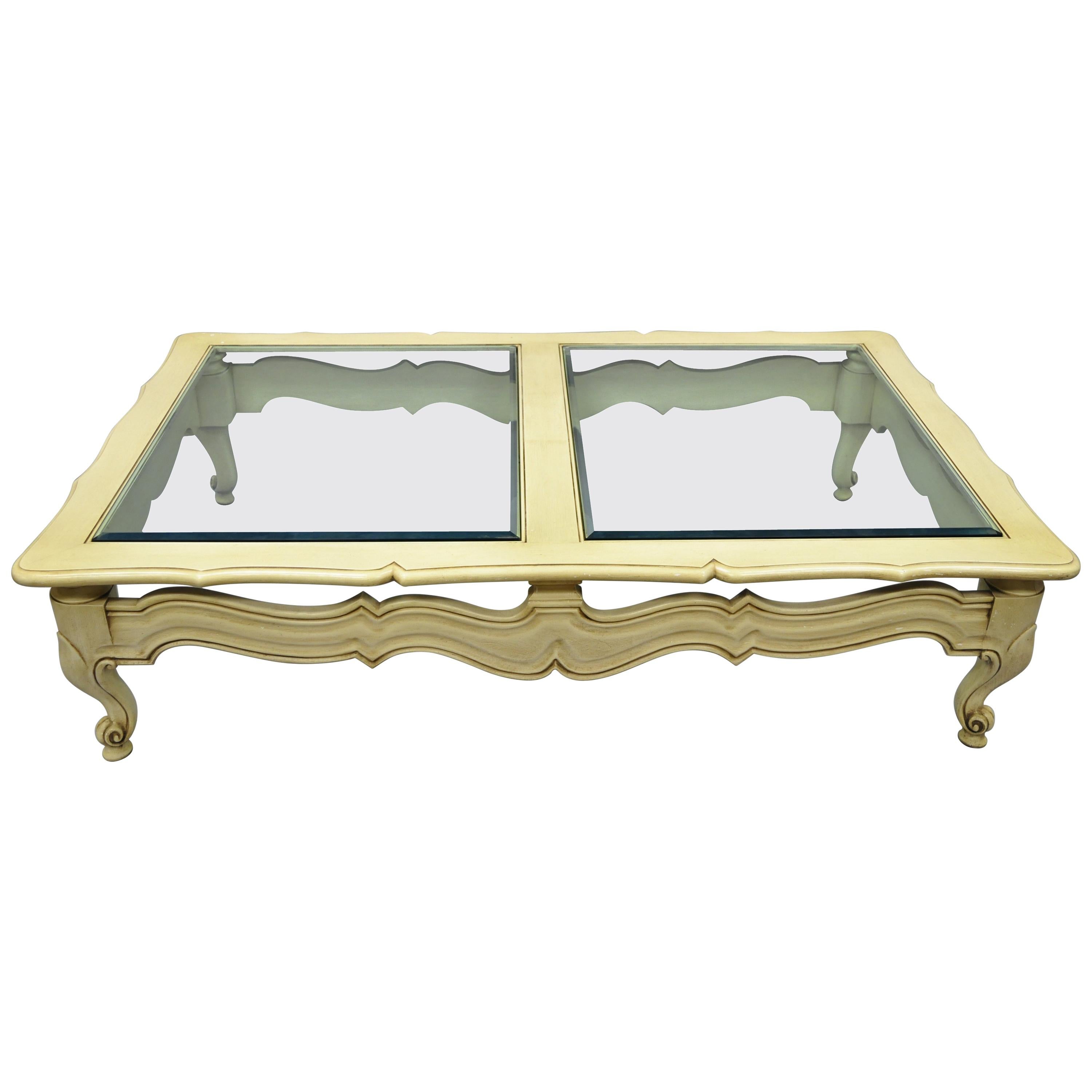 Large Vintage French Hollywood Regency Style Beveled Glass Cream Coffee Table For Sale