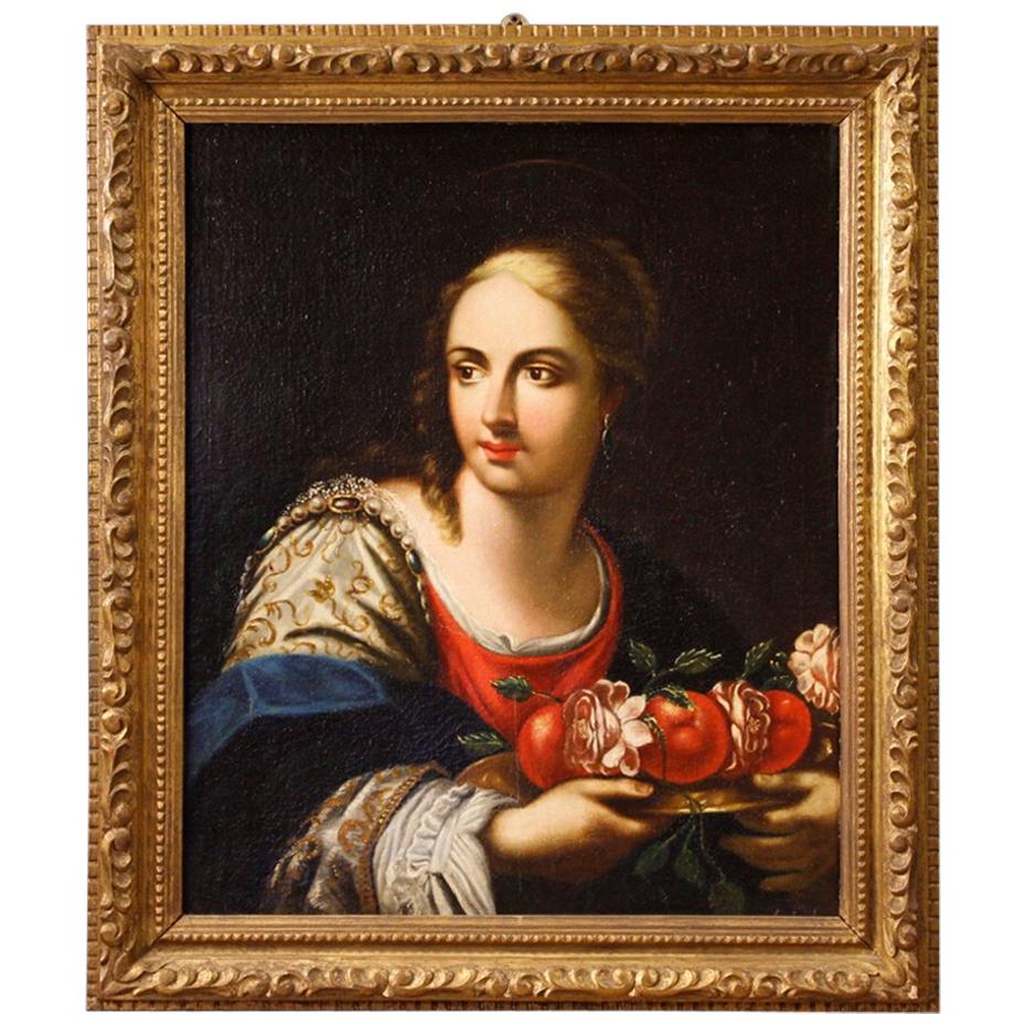 18th Century Oil on Canvas Italian Painting Portrait of Young Lady with Fruits