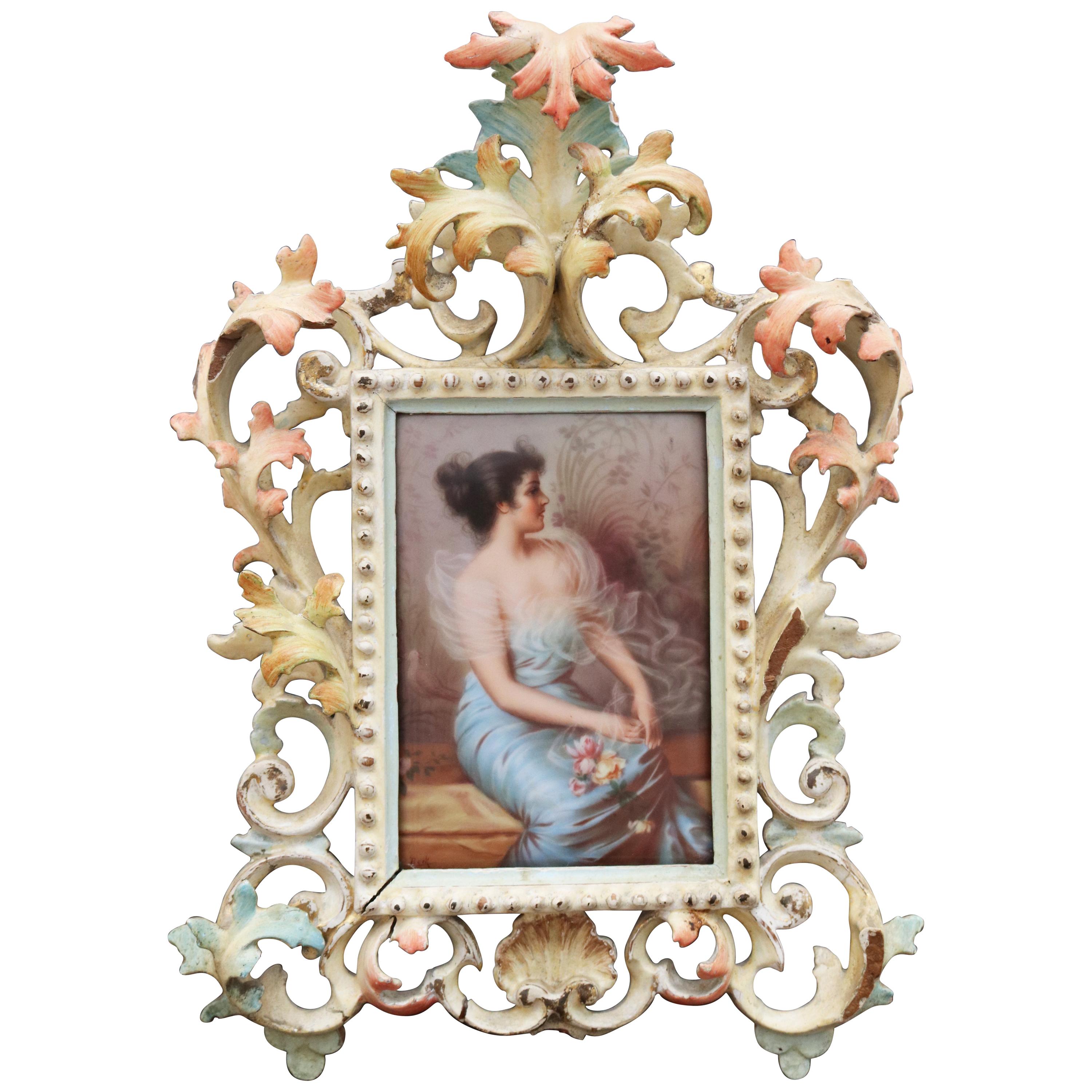 19th Century Signed Viennese Glazed Porcelain Lady Portrait with Frame