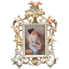 Antique 19th Century Signed Viennese Glazed Porcelain Lady Portrait with Frame