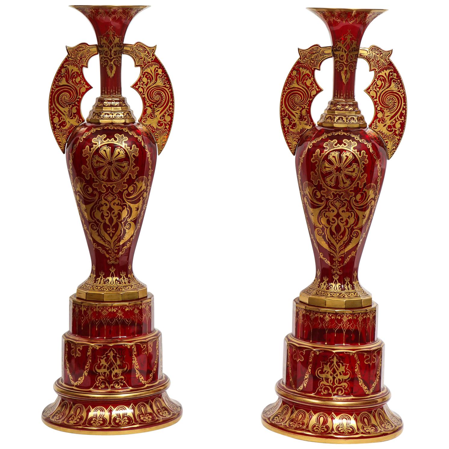 Monumental Pair of Ruby Red Gilt Bohemian "Alhambra" Cut Glass Vases on Stands