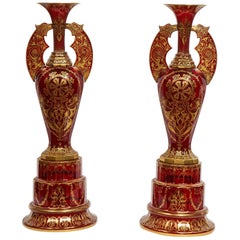 Antique Monumental Pair of Ruby Red Gilt Bohemian "Alhambra" Cut Glass Vases on Stands