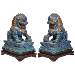 Massive Pair of Chinese Cloisonne Enamel Foo Dogs Lions on Wood Stands