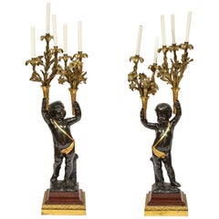 Antique Monumental Pair of French Gilt and Patinated Bronze and Rouge Marble Candelabra 