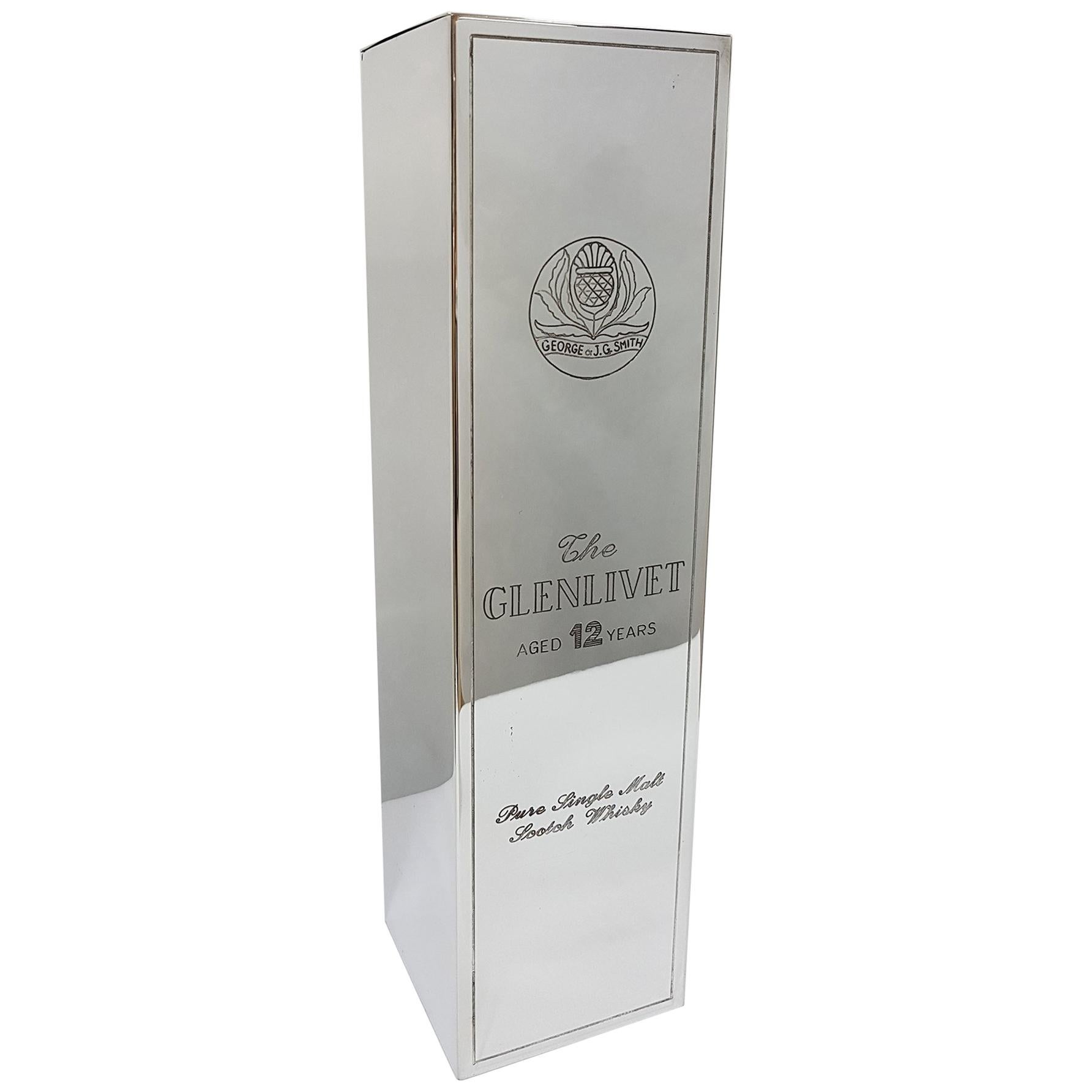 Italienischer Silber gravierter Whiskyflaschenhalter mit Gravur „Glenlivet“ aus dem 20. Jahrhundert