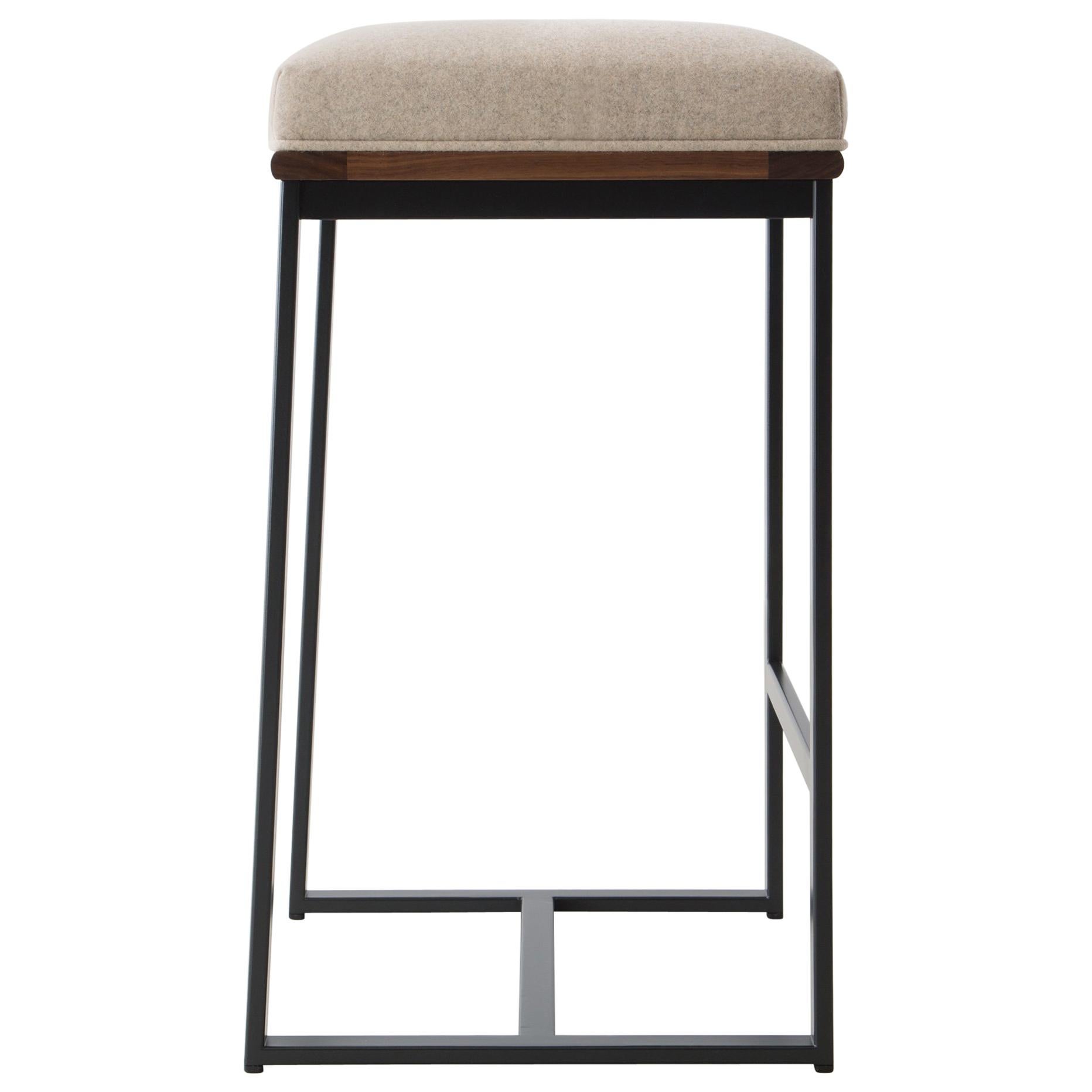 DGD Backless Counter Stool, Powder Coated Steel, Oak, Wool, Handmade in USA For Sale