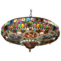 Magnificent Stained Tiffany Leaded Glass Ceiling Chandelier Mount, circa 1960