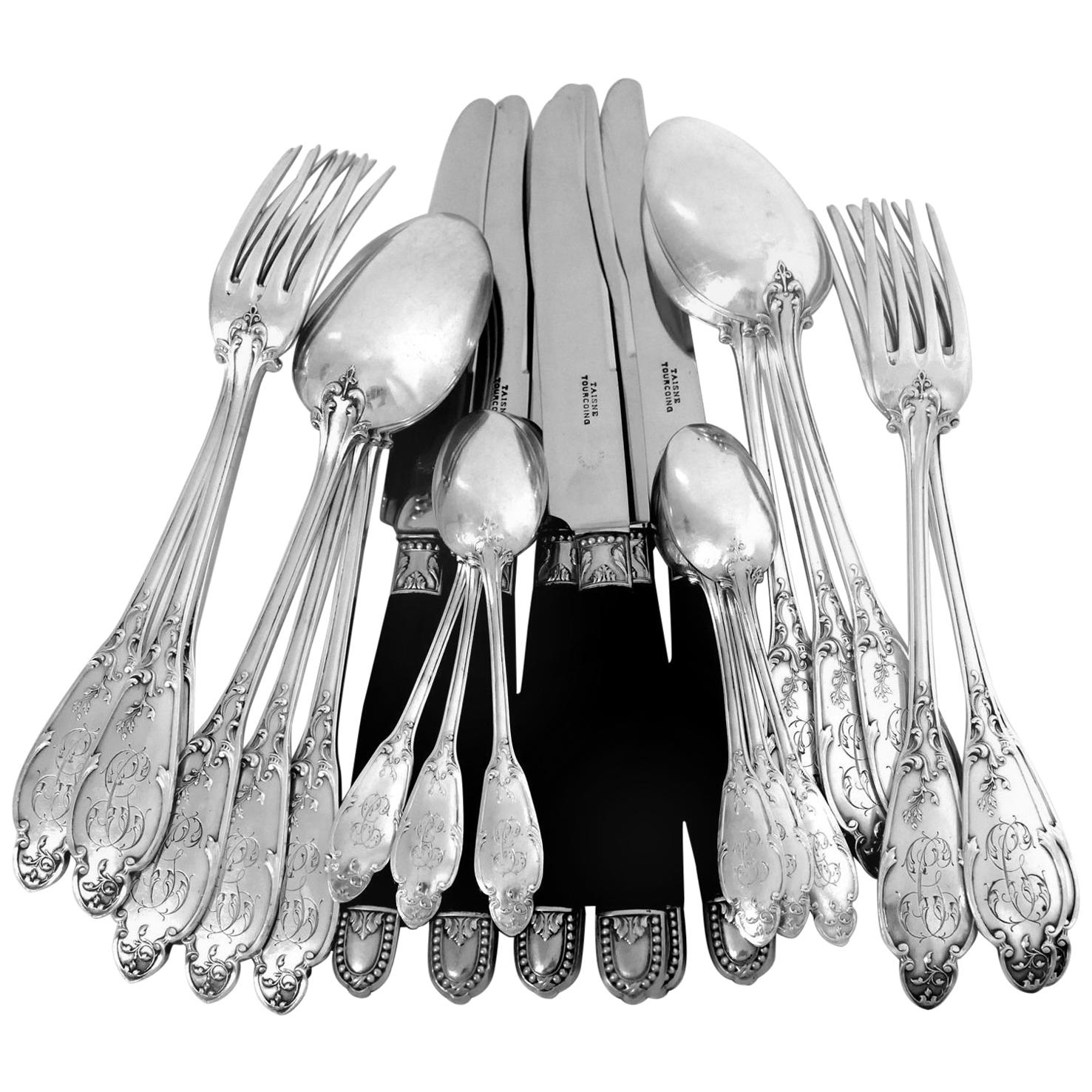 Henin Gorgeous French Sterling Silver Dinner Flatware Set of 49 Pieces Flowers For Sale