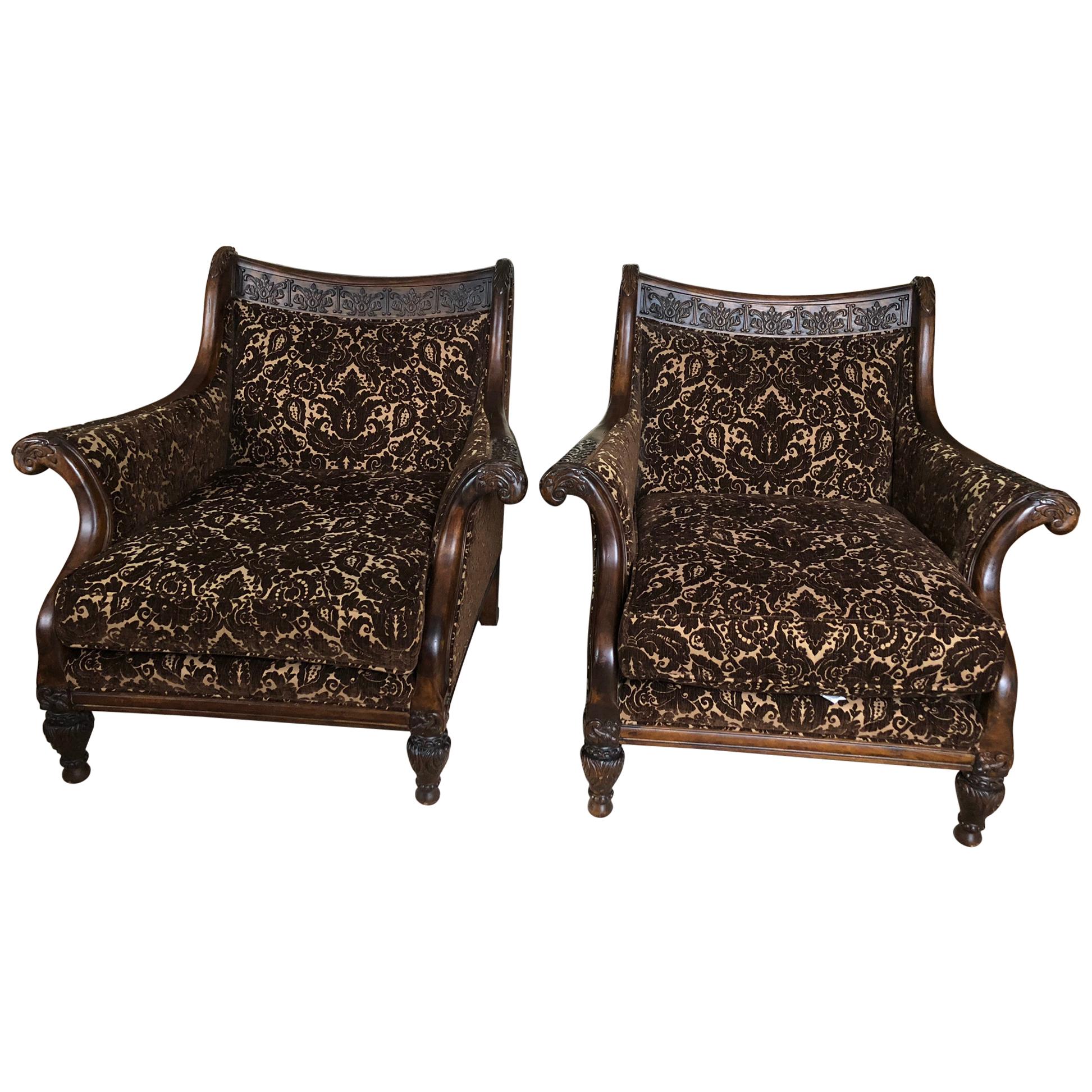 Pair of Classically Beautiful Carved Walnut and Upholstered Club Chairs