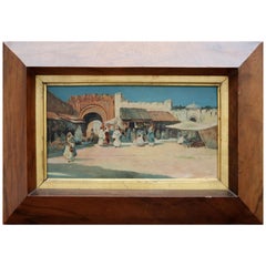 Pintura orientalista francesa al óleo sobre madera del siglo XIX con marco