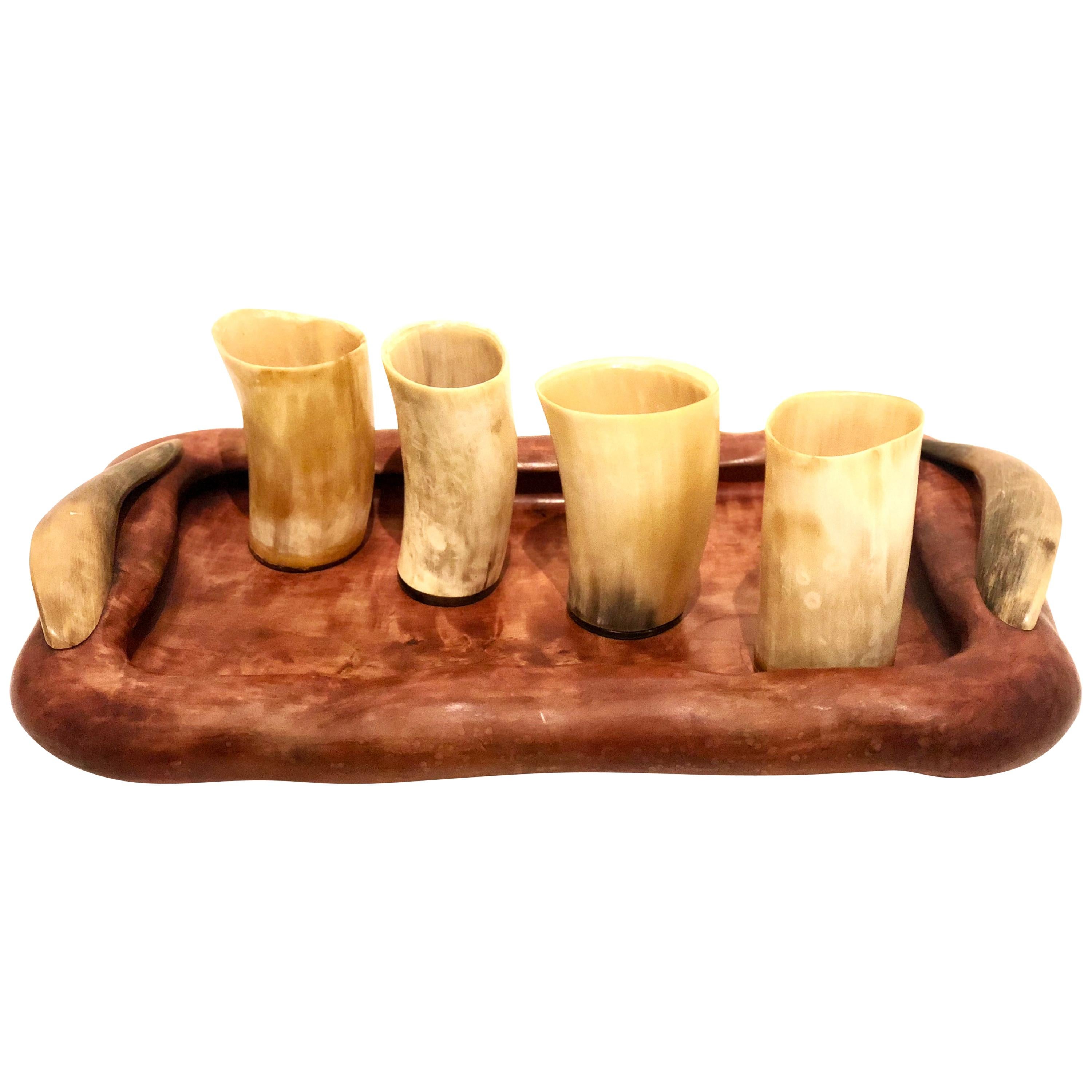 Rare Art Deco Serving Tray in Carved Wood with Horns by French Artist Dan Karner For Sale